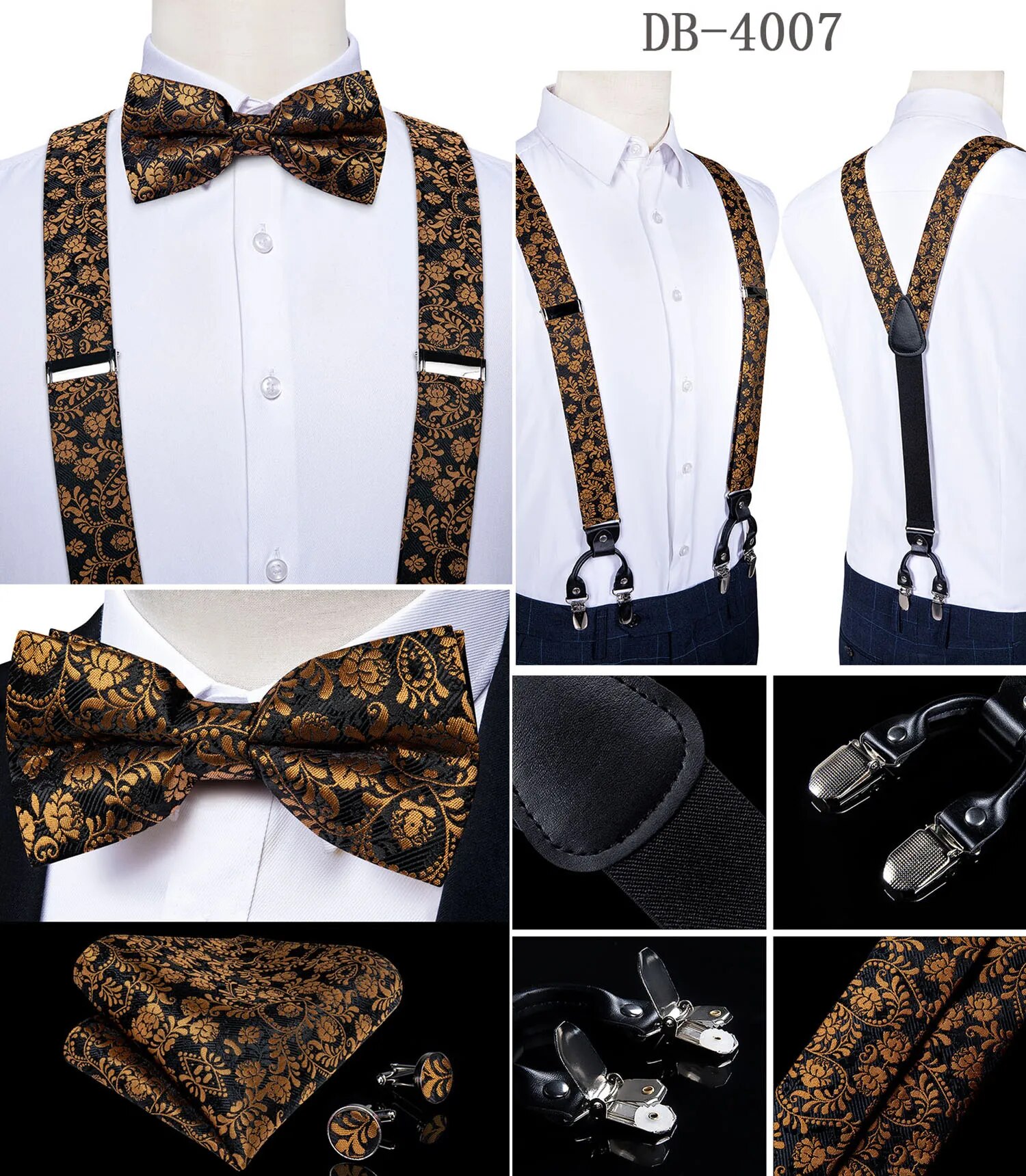 Straps For Pants - Luxury White Silk Men's Suspenders with Adjustable 6 Clips, Braces, Leather Metal, Pre-Tied Bow Tie, Brooch, Pocket Square Set