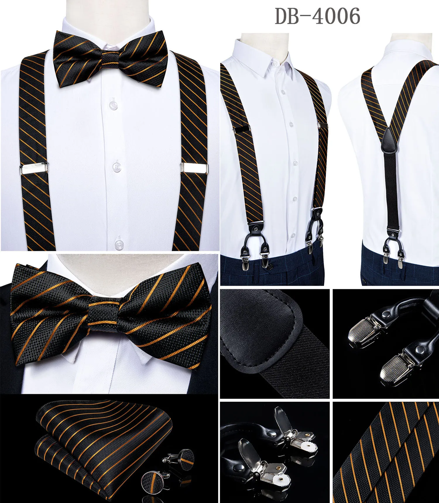 Straps For Pants - Luxury White Silk Men's Suspenders with Adjustable 6 Clips, Braces, Leather Metal, Pre-Tied Bow Tie, Brooch, Pocket Square Set