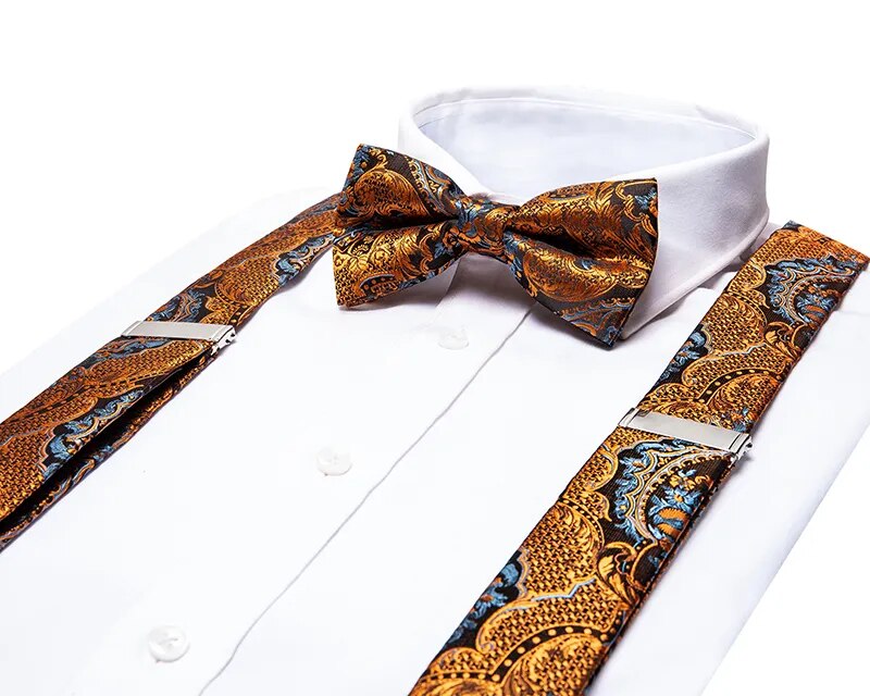 Straps For Pants - Luxury Silk Men's Suspenders with 6 Metal Clips, Bow Tie, Hanky, Cufflinks - Ideal for Weddings and Parties, Vintage and Elastic