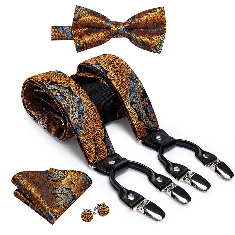 Straps For Pants - Luxury Silk Men's Suspenders with 6 Metal Clips, Bow Tie, Hanky, Cufflinks - Ideal for Weddings and Parties, Vintage and Elastic