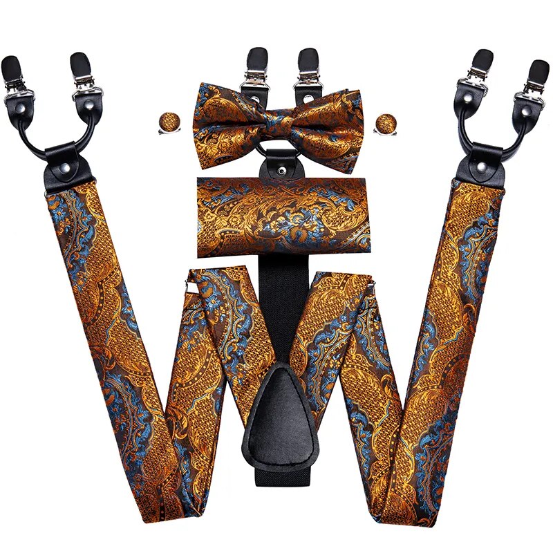 Straps For Pants - Luxury Silk Men's Suspenders with 6 Metal Clips, Bow Tie, Hanky, Cufflinks - Ideal for Weddings and Parties, Vintage and Elastic