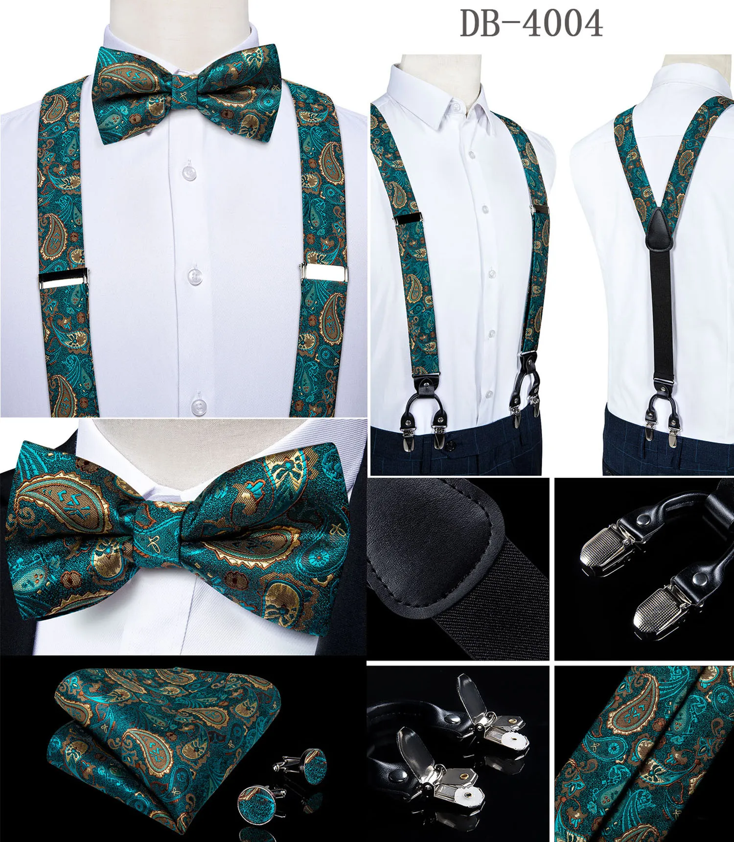 Straps For Pants - Luxury White Silk Men's Suspenders with Adjustable 6 Clips, Braces, Leather Metal, Pre-Tied Bow Tie, Brooch, Pocket Square Set