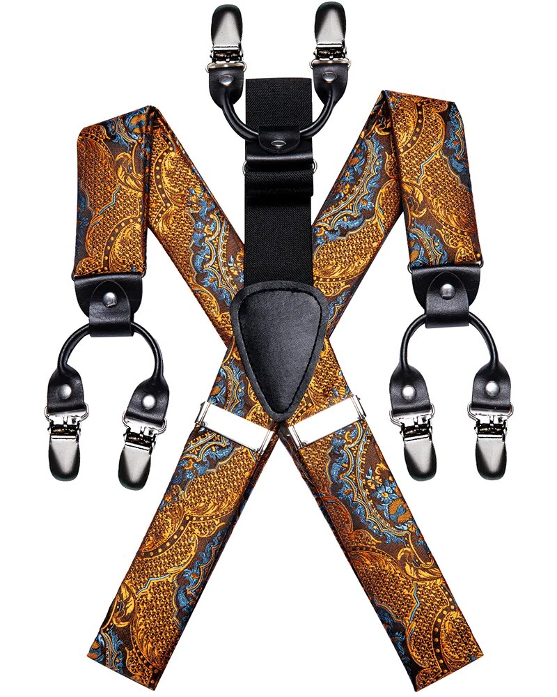 Straps For Pants - Luxury Silk Men's Suspenders with 6 Metal Clips, Bow Tie, Hanky, Cufflinks - Ideal for Weddings and Parties, Vintage and Elastic