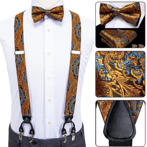 Straps For Pants - Luxury Silk Men's Suspenders with 6 Metal Clips, Bow Tie, Hanky, Cufflinks - Ideal for Weddings and Parties, Vintage and Elastic
