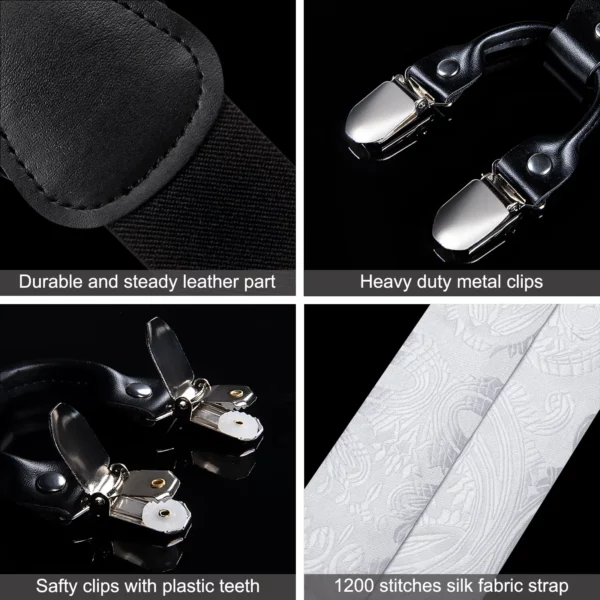 Straps For Pants - Luxury White Silk Men's Suspenders with Adjustable 6 Clips, Braces, Leather Metal, Pre-Tied Bow Tie, Brooch, Pocket Square Set - Image 7