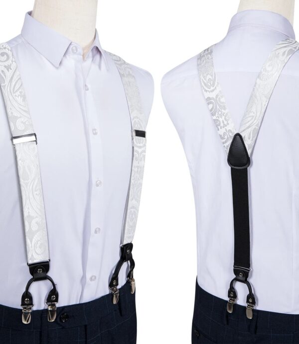 Straps For Pants - Luxury White Silk Men's Suspenders with Adjustable 6 Clips, Braces, Leather Metal, Pre-Tied Bow Tie, Brooch, Pocket Square Set - Image 4