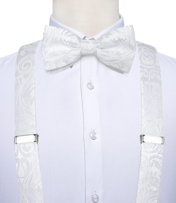 Straps For Pants - Luxury White Silk Men's Suspenders with Adjustable 6 Clips, Braces, Leather Metal, Pre-Tied Bow Tie, Brooch, Pocket Square Set - Image 5