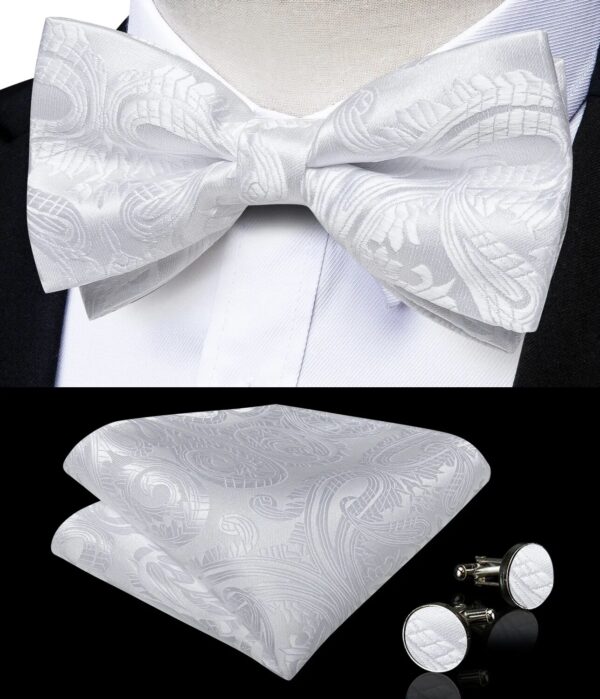 Straps For Pants - Luxury White Silk Men's Suspenders with Adjustable 6 Clips, Braces, Leather Metal, Pre-Tied Bow Tie, Brooch, Pocket Square Set - Image 6