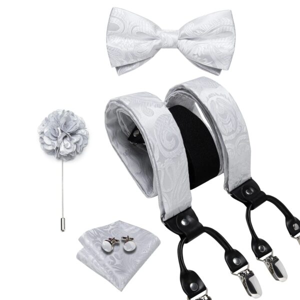 Straps For Pants - Luxury White Silk Men's Suspenders with Adjustable 6 Clips, Braces, Leather Metal, Pre-Tied Bow Tie, Brooch, Pocket Square Set - Image 2