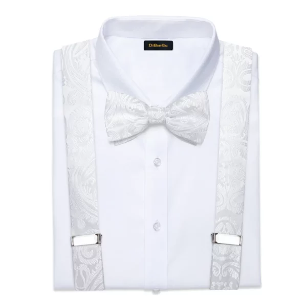 Straps For Pants - Luxury White Silk Men's Suspenders with Adjustable 6 Clips, Braces, Leather Metal, Pre-Tied Bow Tie, Brooch, Pocket Square Set