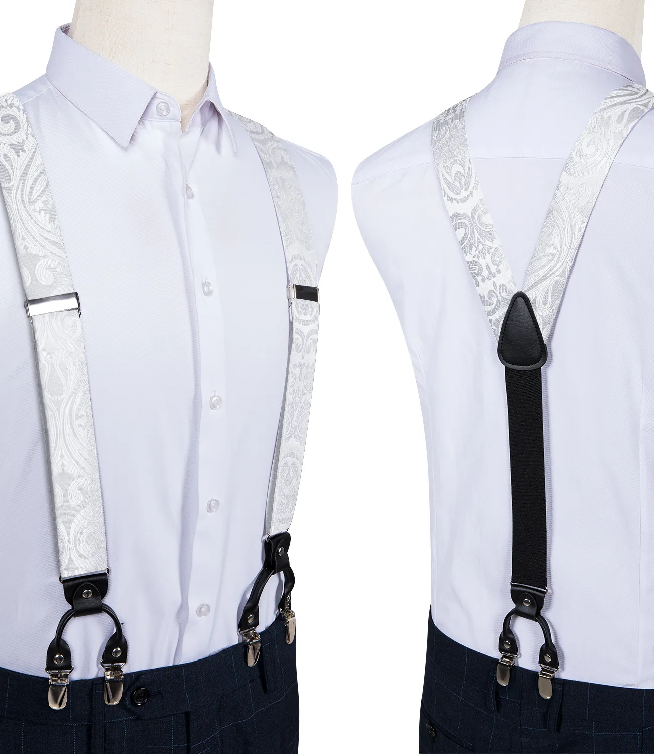Straps For Pants - Luxury White Silk Men's Suspenders with Adjustable 6 Clips, Braces, Leather Metal, Pre-Tied Bow Tie, Brooch, Pocket Square Set