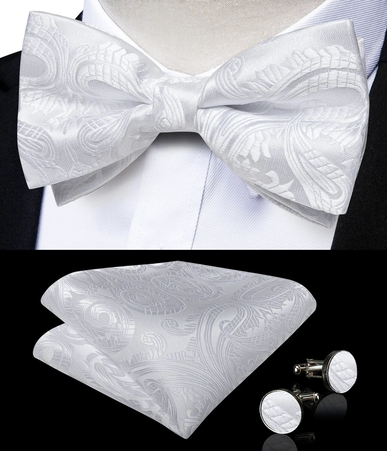 Straps For Pants - Luxury White Silk Men's Suspenders with Adjustable 6 Clips, Braces, Leather Metal, Pre-Tied Bow Tie, Brooch, Pocket Square Set