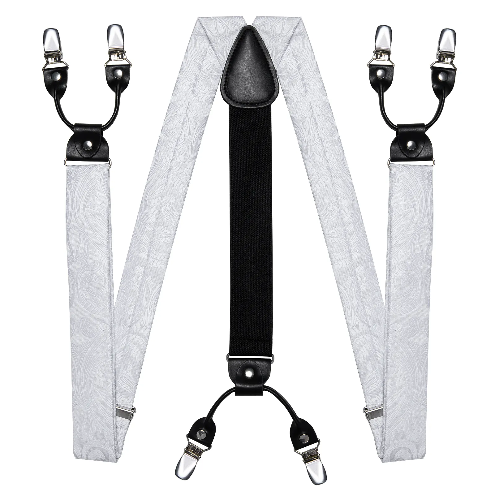 Straps For Pants - Luxury White Silk Men's Suspenders with Adjustable 6 Clips, Braces, Leather Metal, Pre-Tied Bow Tie, Brooch, Pocket Square Set