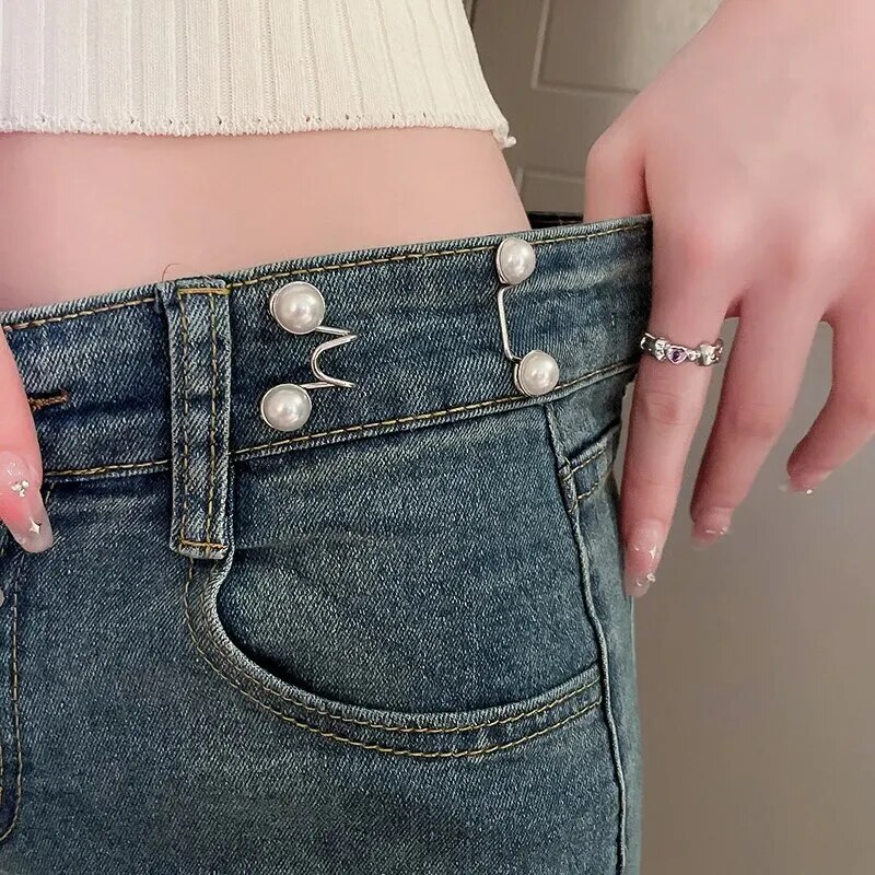 Waist Tightener - 2pcs Women's Pearl Waist Brooches Set for Skirt, Pants, and Jeans - Adjustable Waist Clip Button, DIY Clothing Accessories