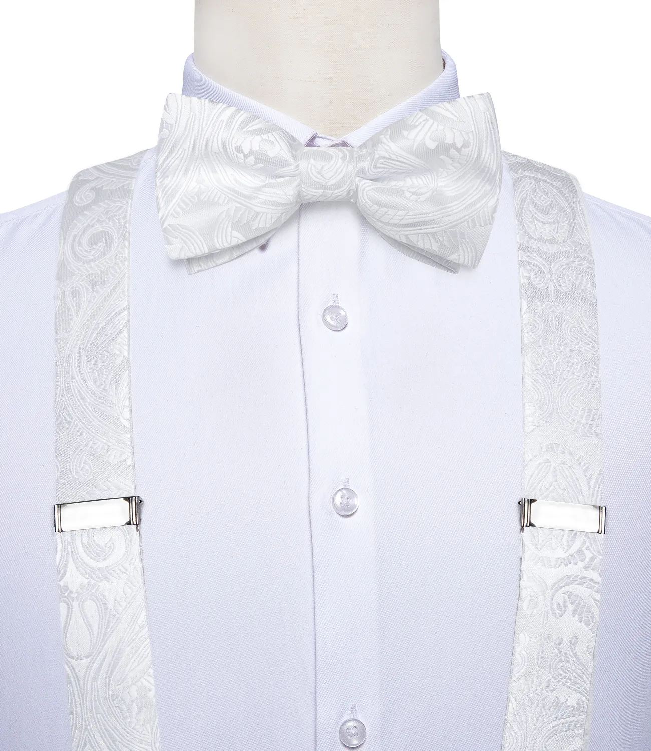 Straps For Pants - Luxury White Silk Men's Suspenders with Adjustable 6 Clips, Braces, Leather Metal, Pre-Tied Bow Tie, Brooch, Pocket Square Set