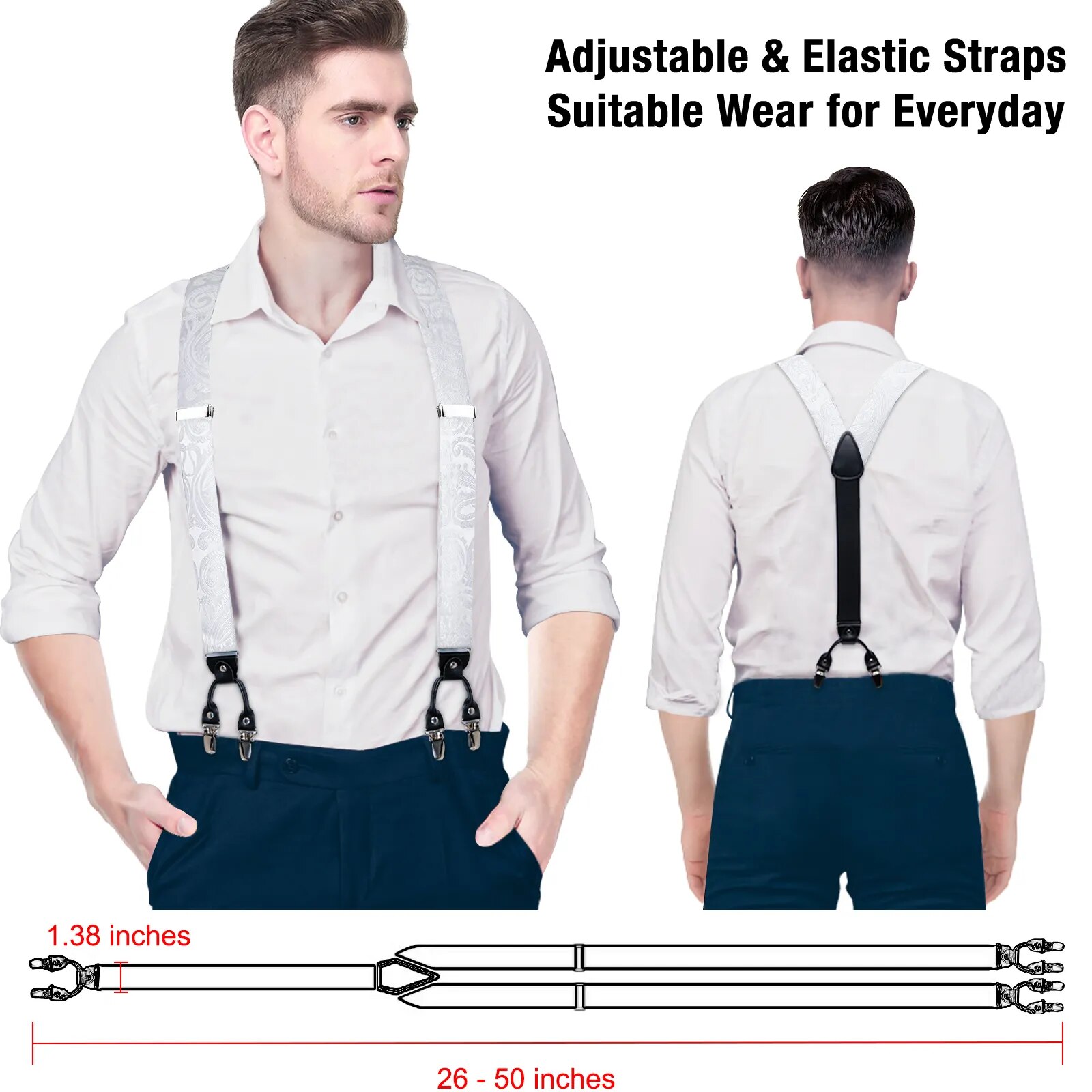 Straps For Pants - Luxury White Silk Men's Suspenders with Adjustable 6 Clips, Braces, Leather Metal, Pre-Tied Bow Tie, Brooch, Pocket Square Set