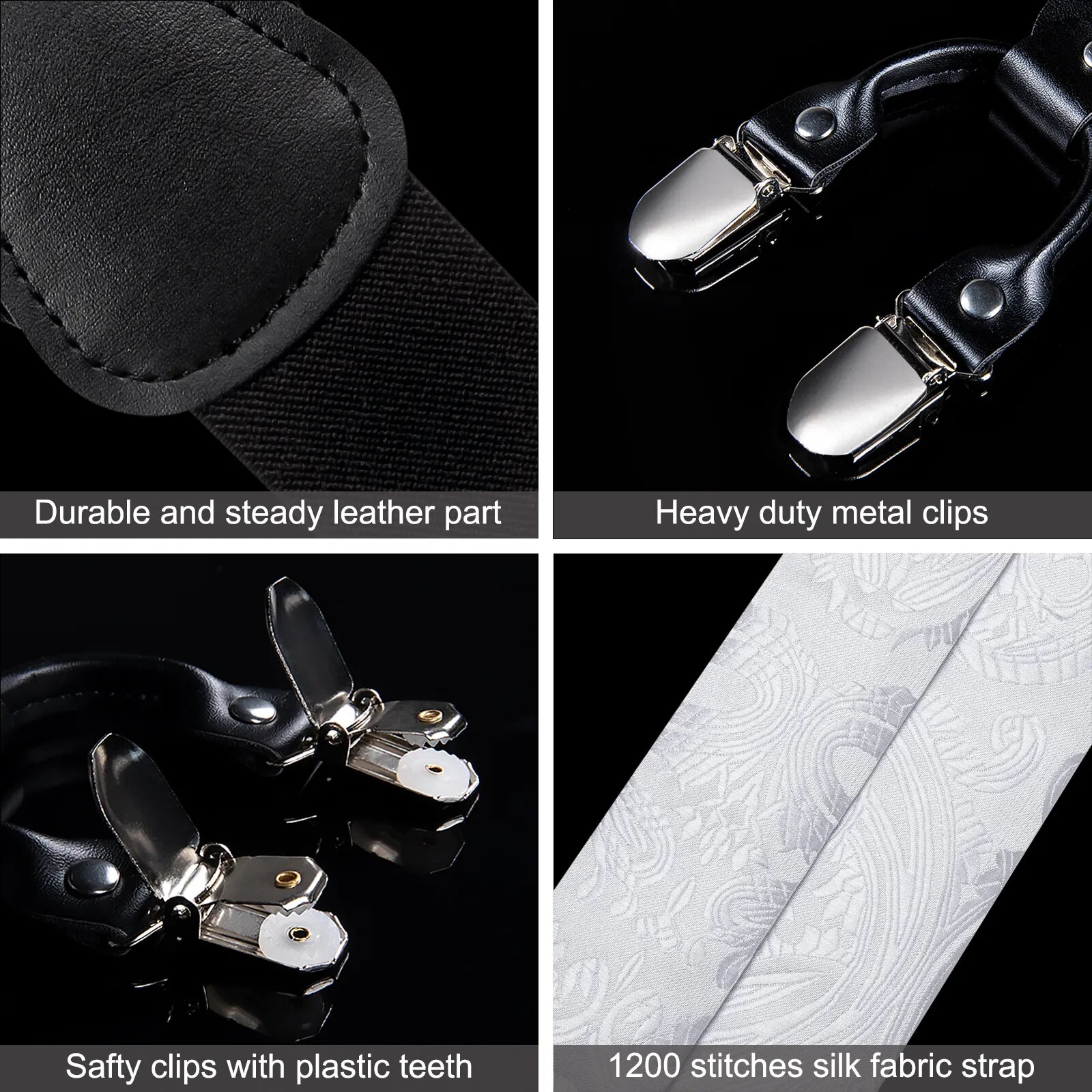 Straps For Pants - Luxury White Silk Men's Suspenders with Adjustable 6 Clips, Braces, Leather Metal, Pre-Tied Bow Tie, Brooch, Pocket Square Set
