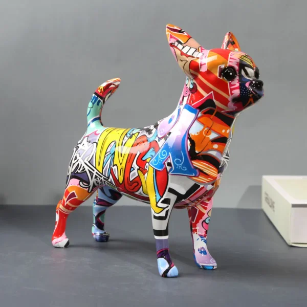 Whimsical Chihuahua Dog Statue Vibrant Graffiti Painted Décor for Home, Office, or Wine Cabinet