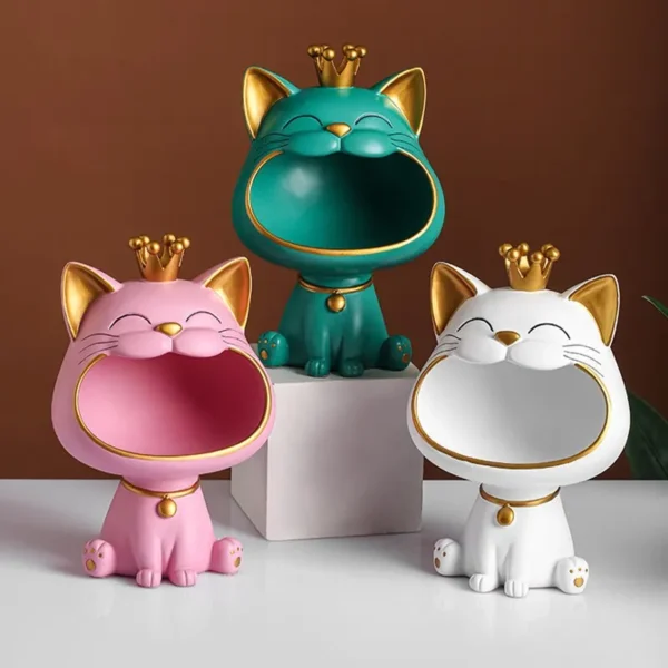 Cat Ornaments Fortune Crown Big Mouth Cat Key Storage Tray, Elegant Housewarming Sculpture Gift with Light Luxury Decorative Touch