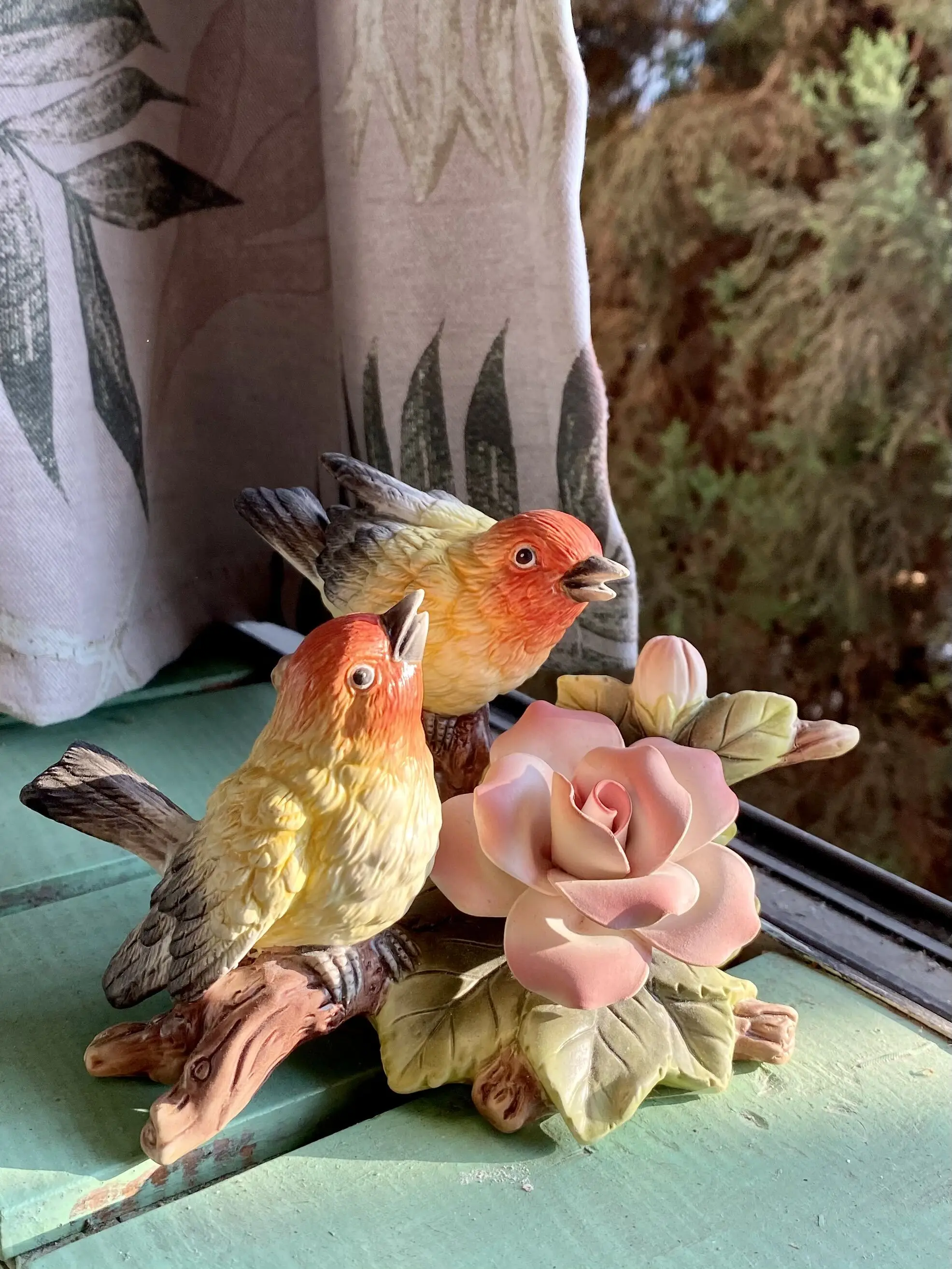 Vibrant Yellow Ceramic Flower Figurines for Home and Garden Decor, Perfect Porcelain Gift for Bird Lovers