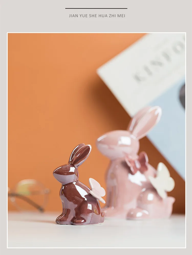 Adorable Rabbit Figurine Ceramic Home Decor Accent with Butterfly Details - Perfect Aesthetic Ornament for Kawaii Room Decor and Ideal Christmas Gift Accessory