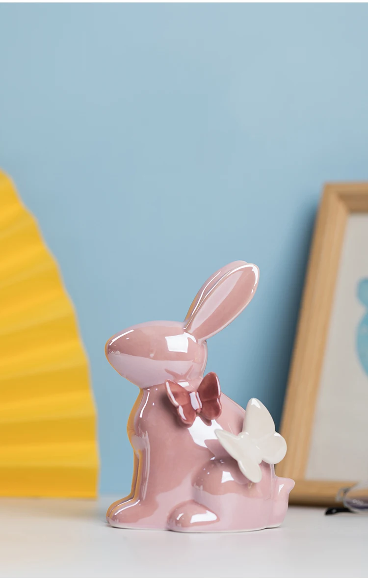 Adorable Rabbit Figurine Ceramic Home Decor Accent with Butterfly Details - Perfect Aesthetic Ornament for Kawaii Room Decor and Ideal Christmas Gift Accessory