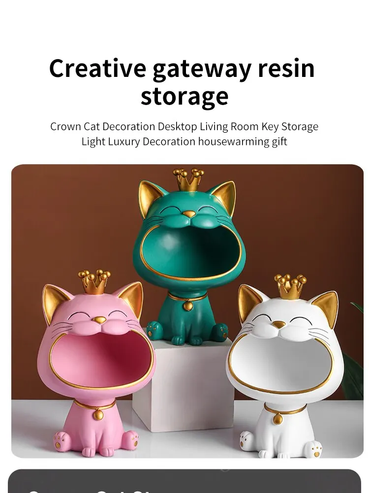 Cat Ornaments Fortune Crown Big Mouth Cat Key Storage Tray, Elegant Housewarming Sculpture Gift with Light Luxury Decorative Touch