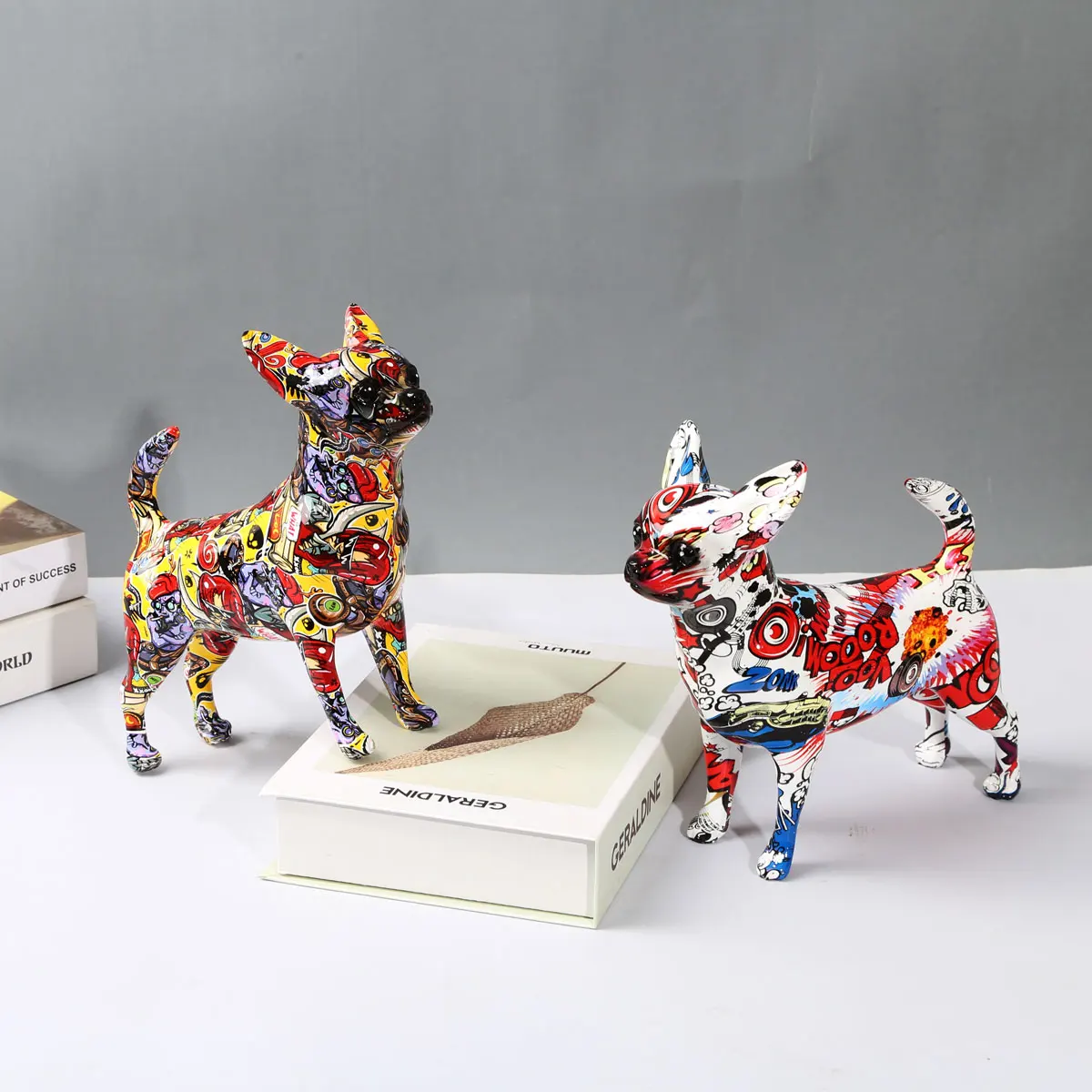 Whimsical Chihuahua Dog Statue Vibrant Graffiti Painted Décor for Home, Office, or Wine Cabinet