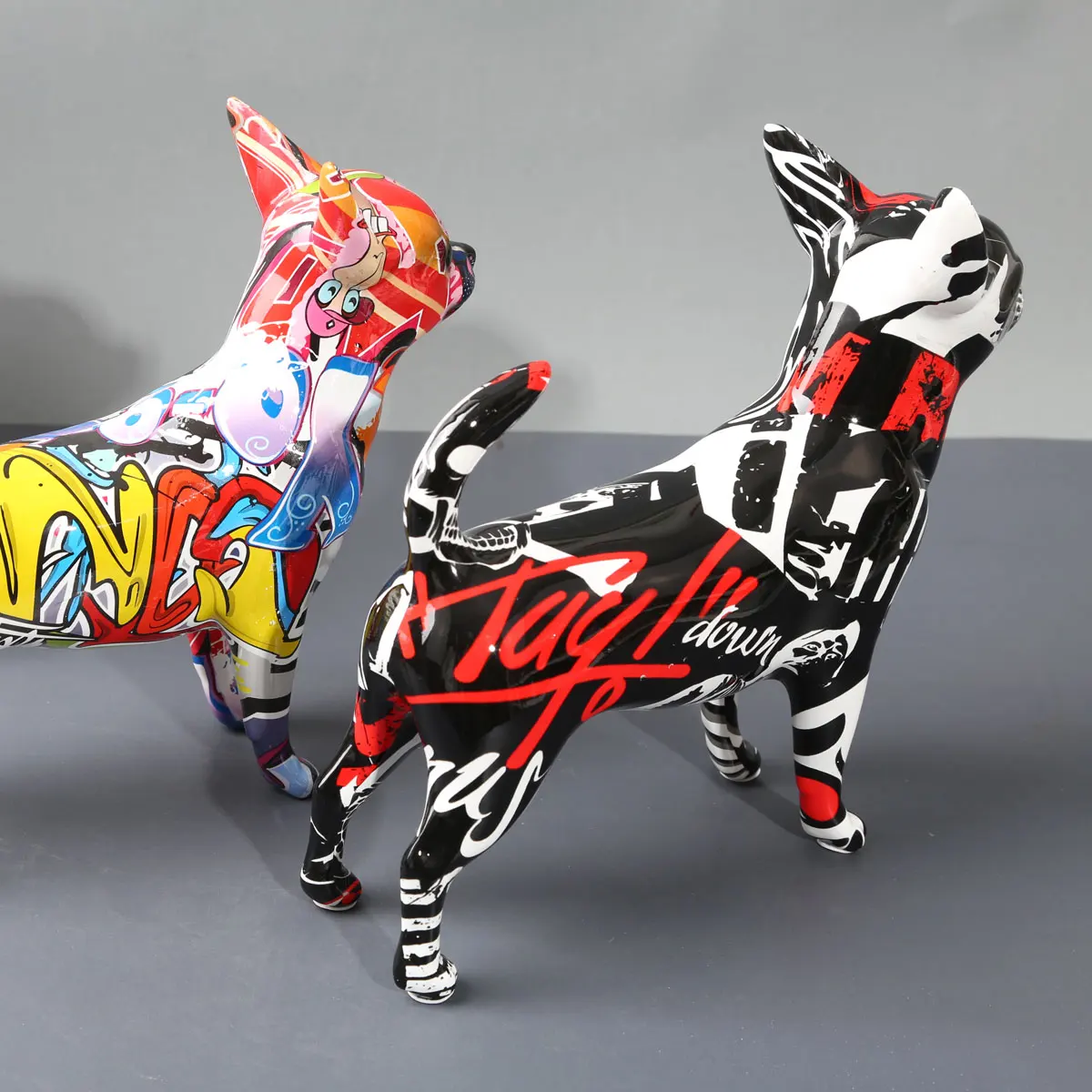 Whimsical Chihuahua Dog Statue Vibrant Graffiti Painted Décor for Home, Office, or Wine Cabinet
