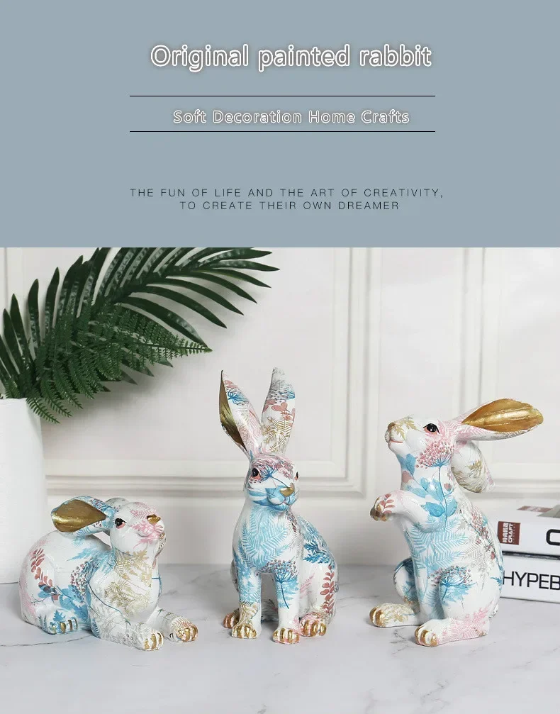 Nordic-Styled Rabbit Figurine Adorable Painted Jade Ornaments in Resin, Perfect for Creative Living Room Gifts and Crafts