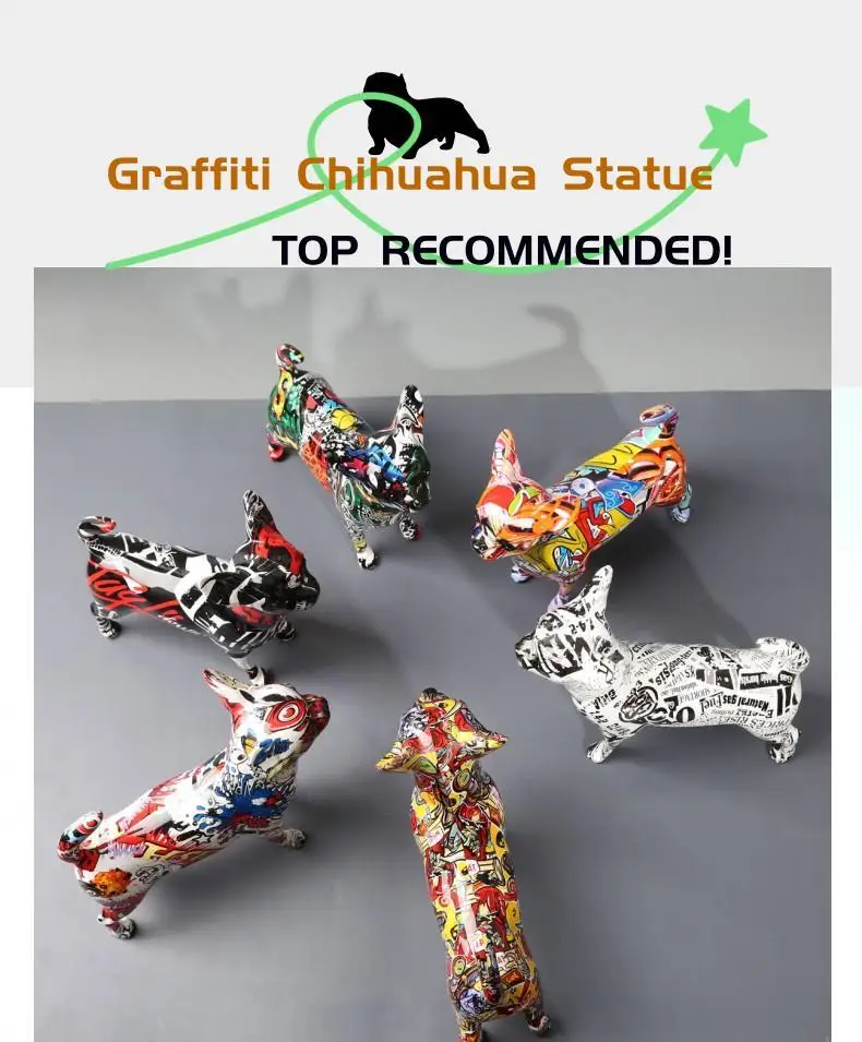Whimsical Chihuahua Dog Statue Vibrant Graffiti Painted Décor for Home, Office, or Wine Cabinet
