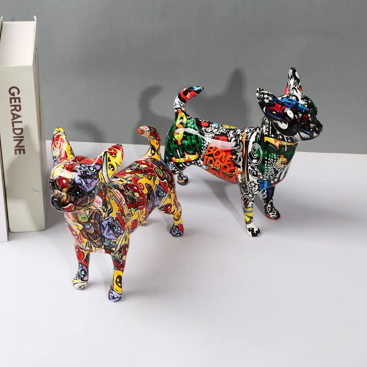 Whimsical Chihuahua Dog Statue Vibrant Graffiti Painted Décor for Home, Office, or Wine Cabinet