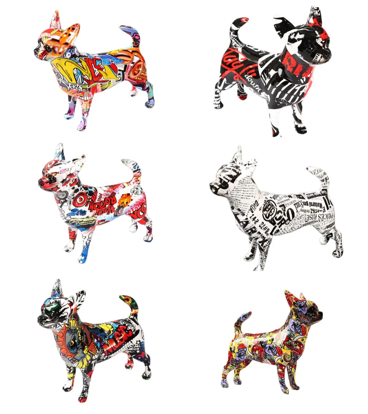 Whimsical Chihuahua Dog Statue Vibrant Graffiti Painted Décor for Home, Office, or Wine Cabinet