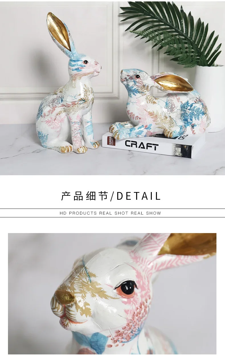 Nordic-Styled Rabbit Figurine Adorable Painted Jade Ornaments in Resin, Perfect for Creative Living Room Gifts and Crafts