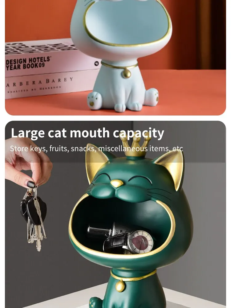 Cat Ornaments Fortune Crown Big Mouth Cat Key Storage Tray, Elegant Housewarming Sculpture Gift with Light Luxury Decorative Touch