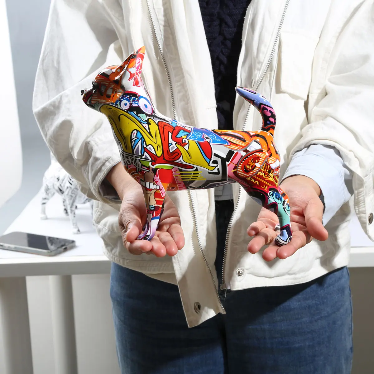 Whimsical Chihuahua Dog Statue Vibrant Graffiti Painted Décor for Home, Office, or Wine Cabinet