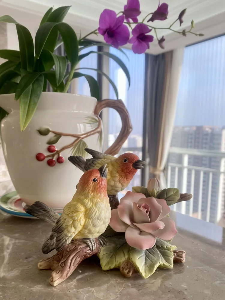 Vibrant Yellow Ceramic Flower Figurines for Home and Garden Decor, Perfect Porcelain Gift for Bird Lovers