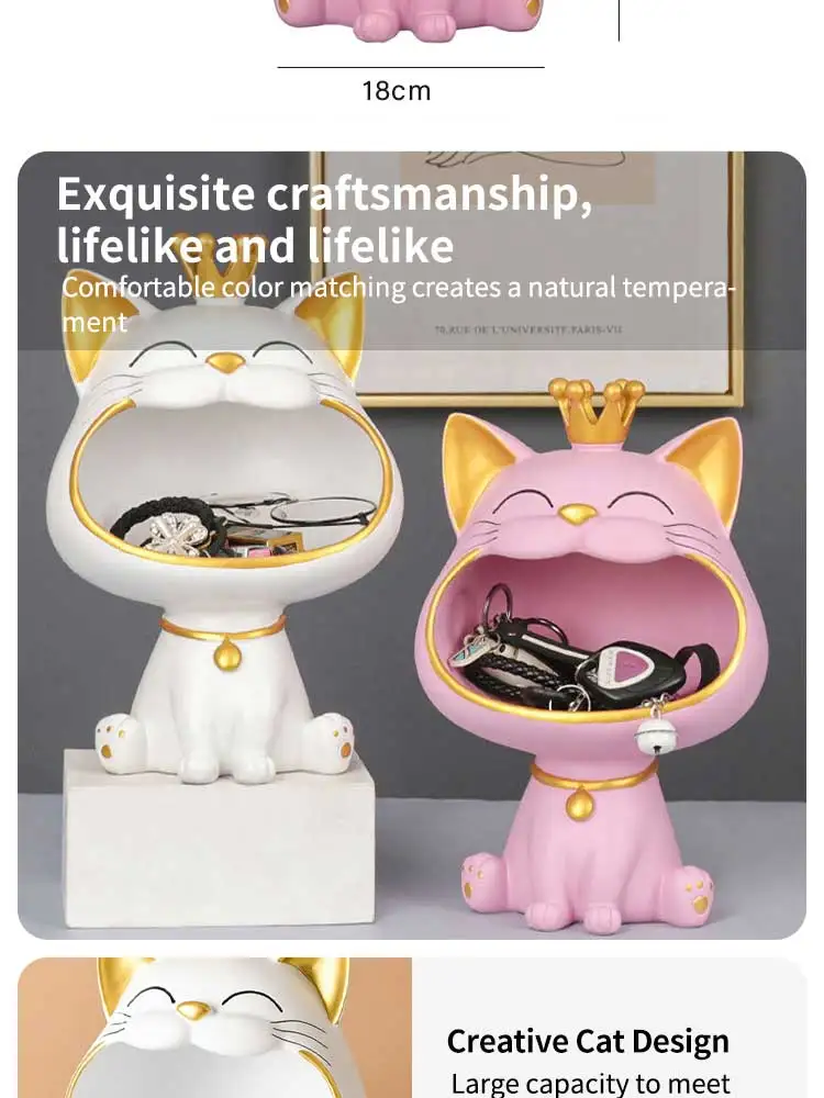Cat Ornaments Fortune Crown Big Mouth Cat Key Storage Tray, Elegant Housewarming Sculpture Gift with Light Luxury Decorative Touch