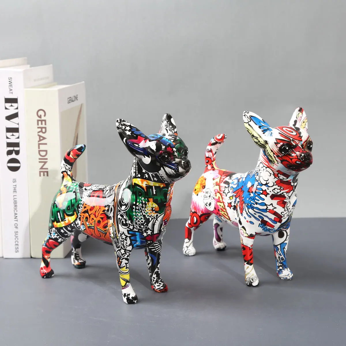 Whimsical Chihuahua Dog Statue Vibrant Graffiti Painted Décor for Home, Office, or Wine Cabinet