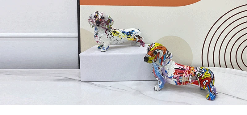 Charming Resin Dachshund Dog Statue A Vibrant Graffiti Art Collectible for Stylish Interior Decor in Your Home, Living Room, or Desktop Display