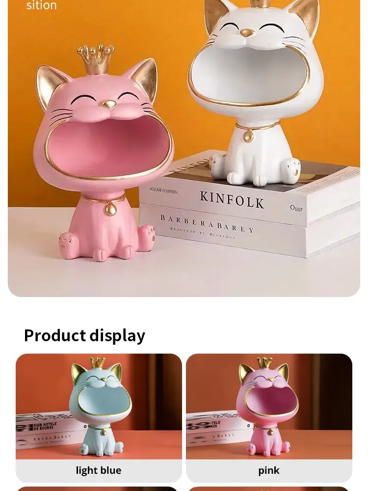 Cat Ornaments Fortune Crown Big Mouth Cat Key Storage Tray, Elegant Housewarming Sculpture Gift with Light Luxury Decorative Touch