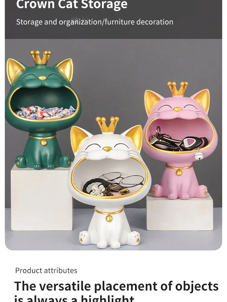 Cat Ornaments Fortune Crown Big Mouth Cat Key Storage Tray, Elegant Housewarming Sculpture Gift with Light Luxury Decorative Touch