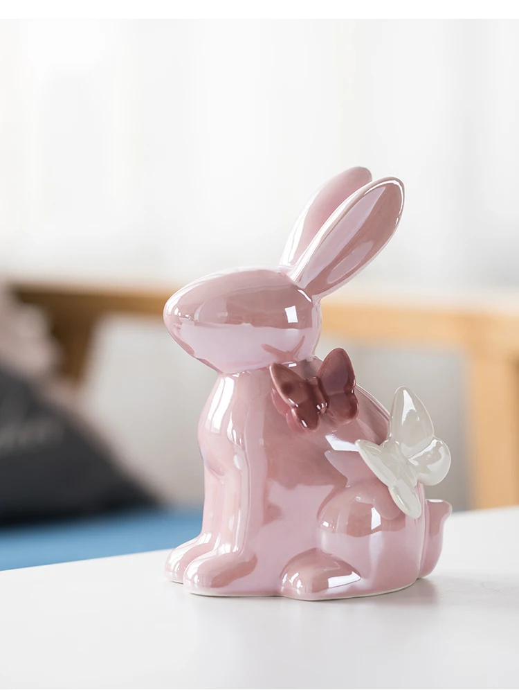 Adorable Rabbit Figurine Ceramic Home Decor Accent with Butterfly Details - Perfect Aesthetic Ornament for Kawaii Room Decor and Ideal Christmas Gift Accessory
