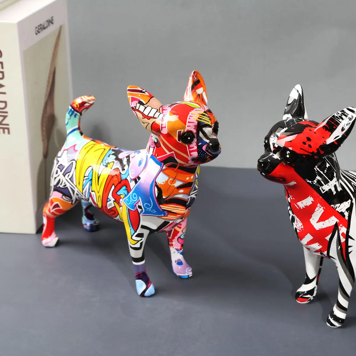 Whimsical Chihuahua Dog Statue Vibrant Graffiti Painted Décor for Home, Office, or Wine Cabinet