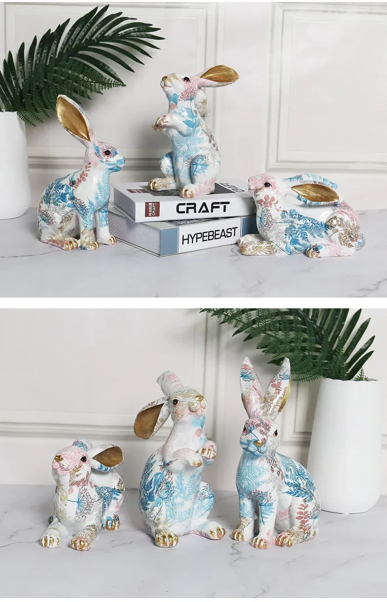 Nordic-Styled Rabbit Figurine Adorable Painted Jade Ornaments in Resin, Perfect for Creative Living Room Gifts and Crafts