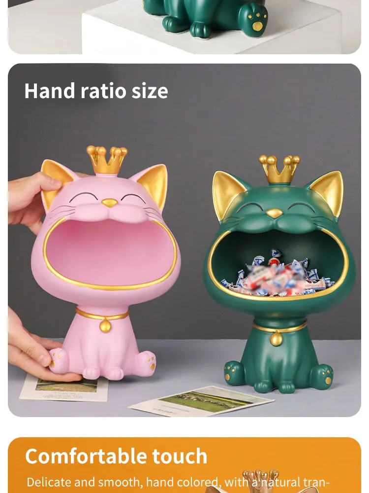 Cat Ornaments Fortune Crown Big Mouth Cat Key Storage Tray, Elegant Housewarming Sculpture Gift with Light Luxury Decorative Touch