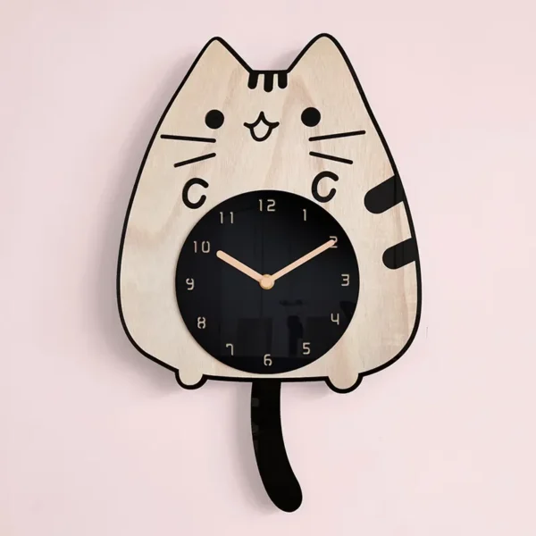 Whimsical 3D Wooden Cartoon Cats Pendulum Clock Playful Home Decor with Swinging Tails, Perfect for Children's Rooms - Image 4