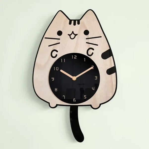 Whimsical 3D Wooden Cartoon Cats Pendulum Clock Playful Home Decor with Swinging Tails, Perfect for Children's Rooms
