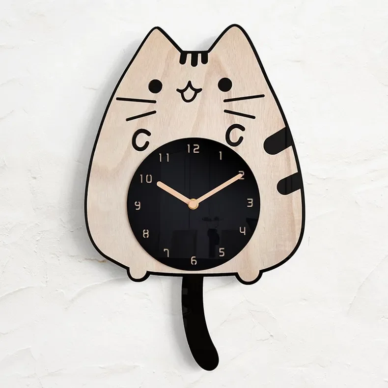 Whimsical 3D Wooden Cartoon Cats Pendulum Clock Playful Home Decor with Swinging Tails, Perfect for Children's Rooms