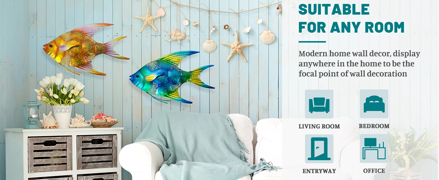 2Pcs Metal Fish Ornaments Stunning Wall Art for Indoor and Outdoor Spaces, Perfect for Poolside, Patio, Living Room, and Bathroom